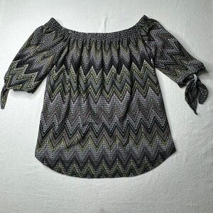 Allison Brittney Off The Shoulder Zig Zag Print Tie Sleeve Top Women's Small